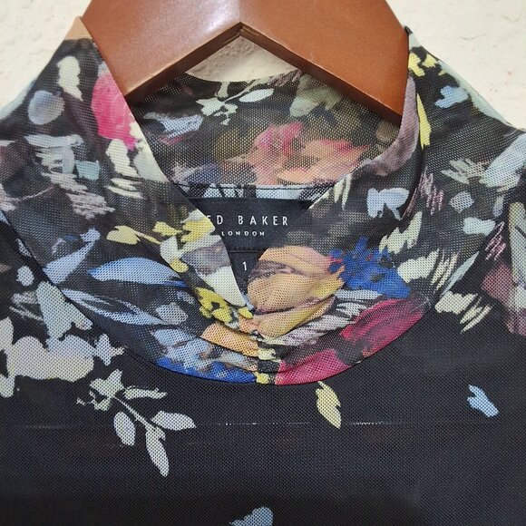 Ted Baker Amanda Black Floral Mesh Top Funnel Neck Long Sleeve Sz XS Maximalism - Picture 5 of 7
